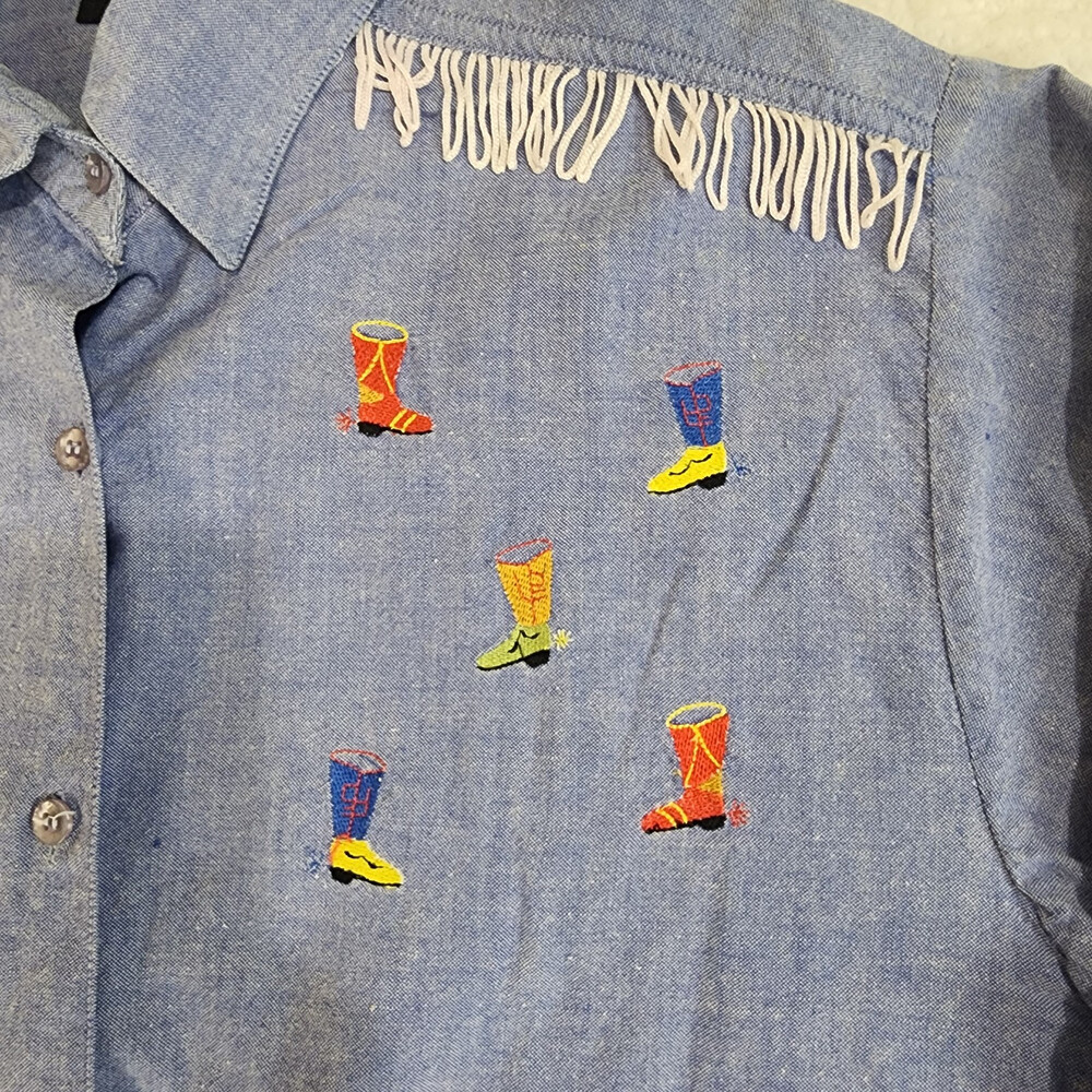 VTG Chambray Western Shirt Embroidered Boots Size Large #1450 - Picture 3 of 16